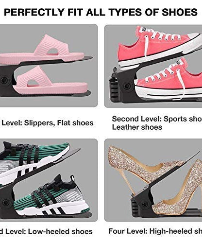 Space-efficient adjustable shoe slots organizer.