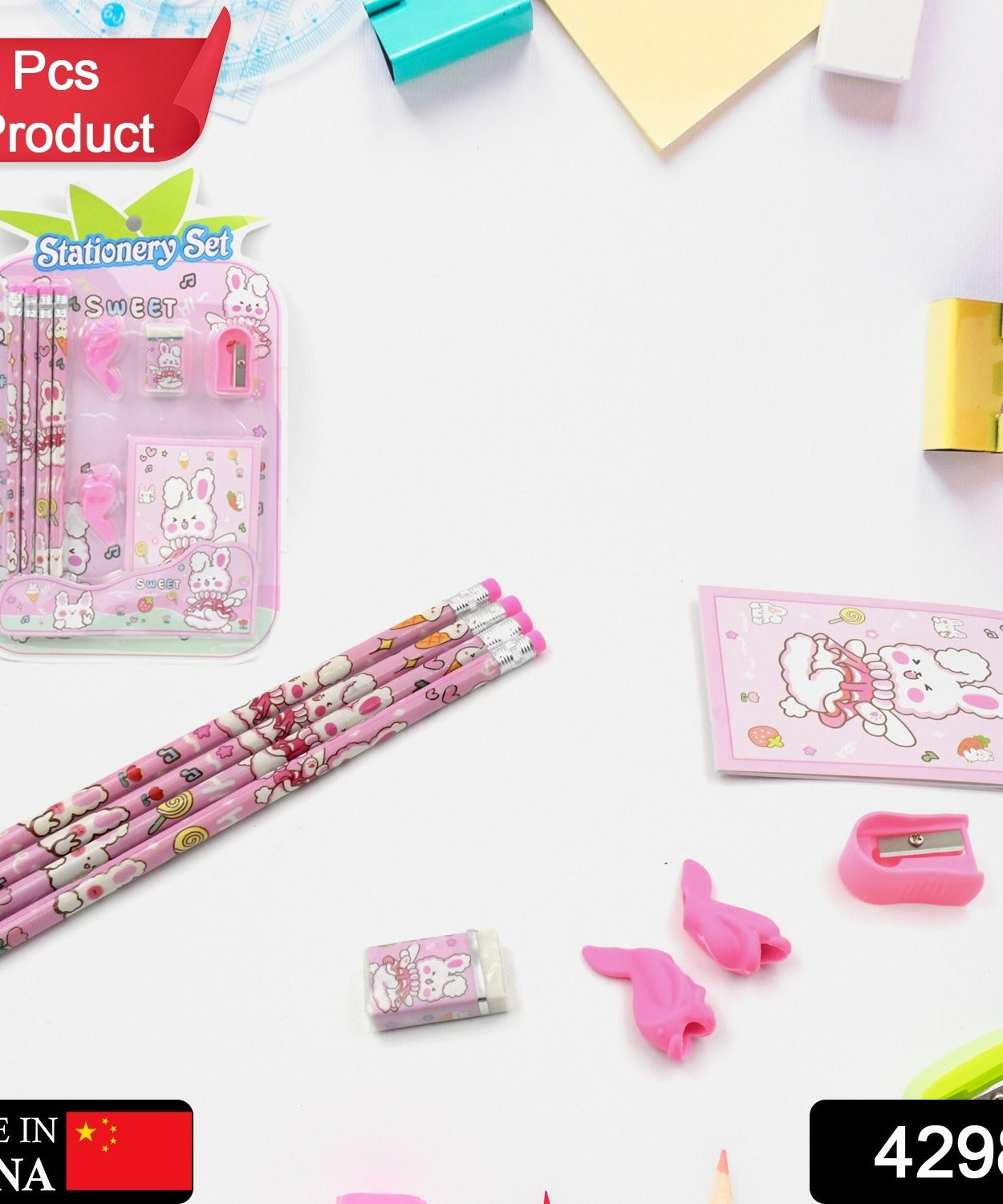 Complete kids' stationery set with diary and eraser.