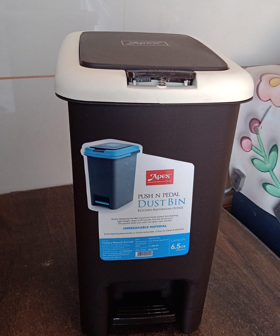 Apex Plastic Push N Pedal Dust Bin | Hands-Free Operation, Compact Design 6.5 Liters (1 Pc / Mix Color)