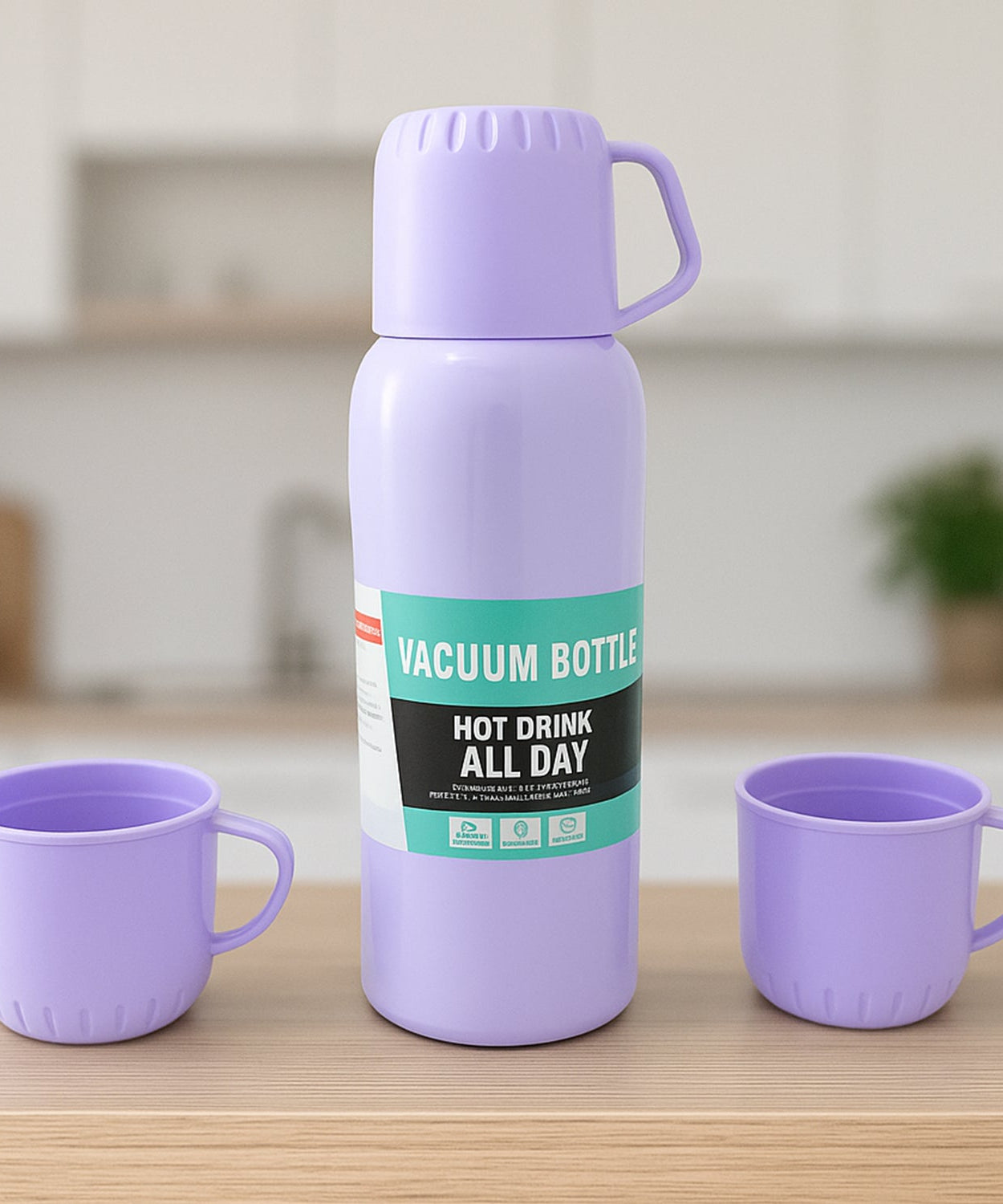 Vacuum Flask Set – Stainless Steel Thermos with 3 Cups, Approx 500ml