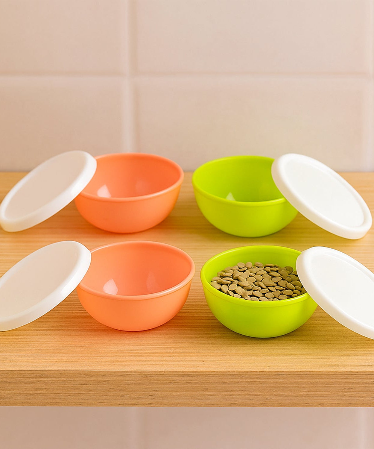 Multipurpose Small Round Plastic Bowl / Katori With Lid, Microwave Safe Reusable Lightweight Bowl, Dishwasher Safe Chutney Bowl (4 Pcs Set)