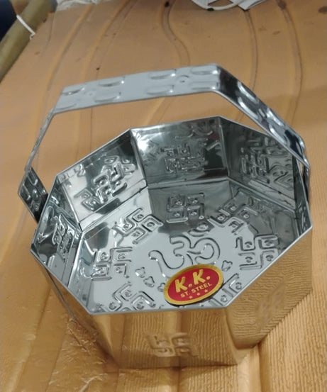Traditional Stainless Steel Octagon Pooja Basket 1 Pc with Handle