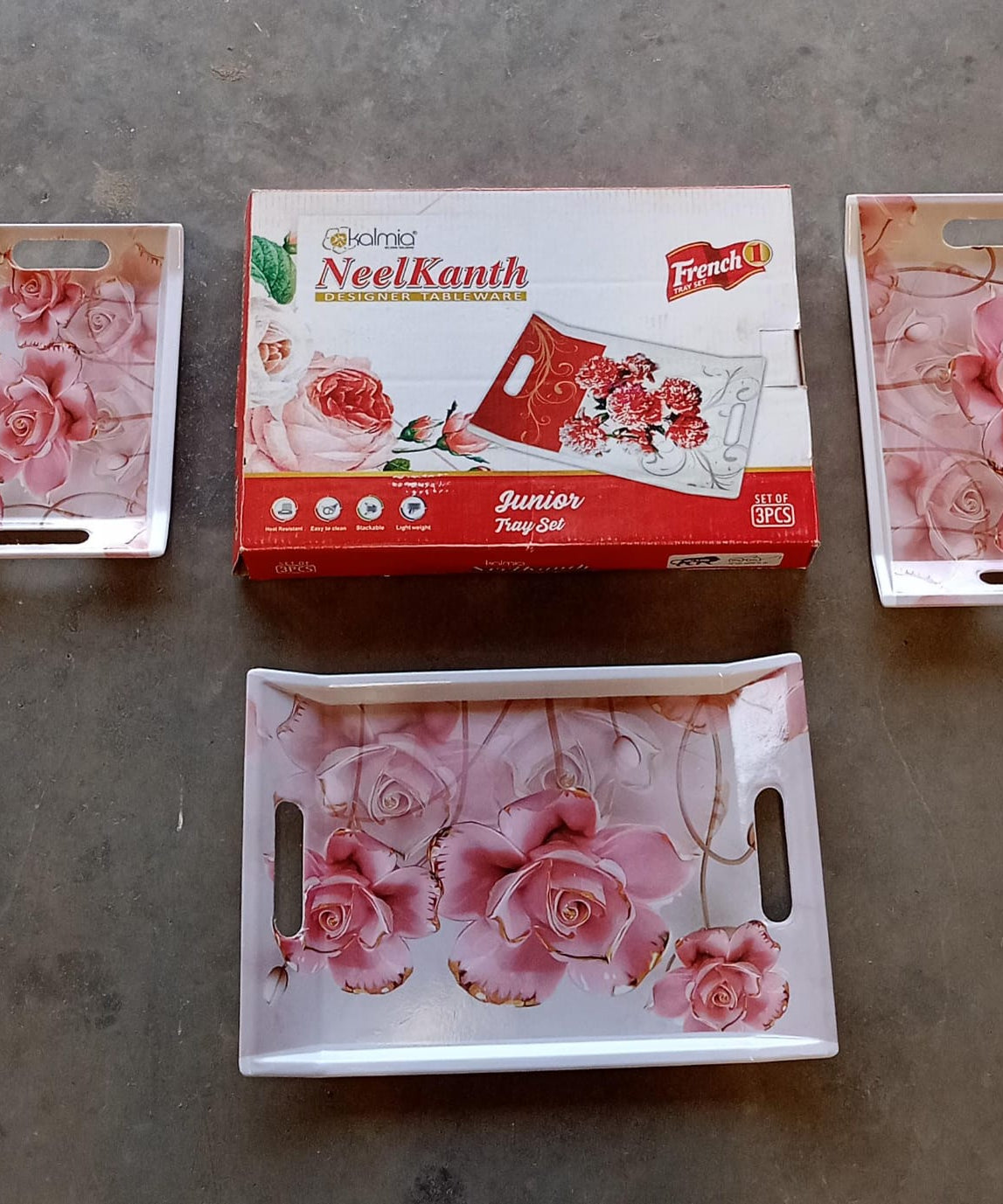 Plastic Rectangular Shape Flower Printed Design Serving Tray 3 pcs Home and Kitchen Use (3 pcs set)