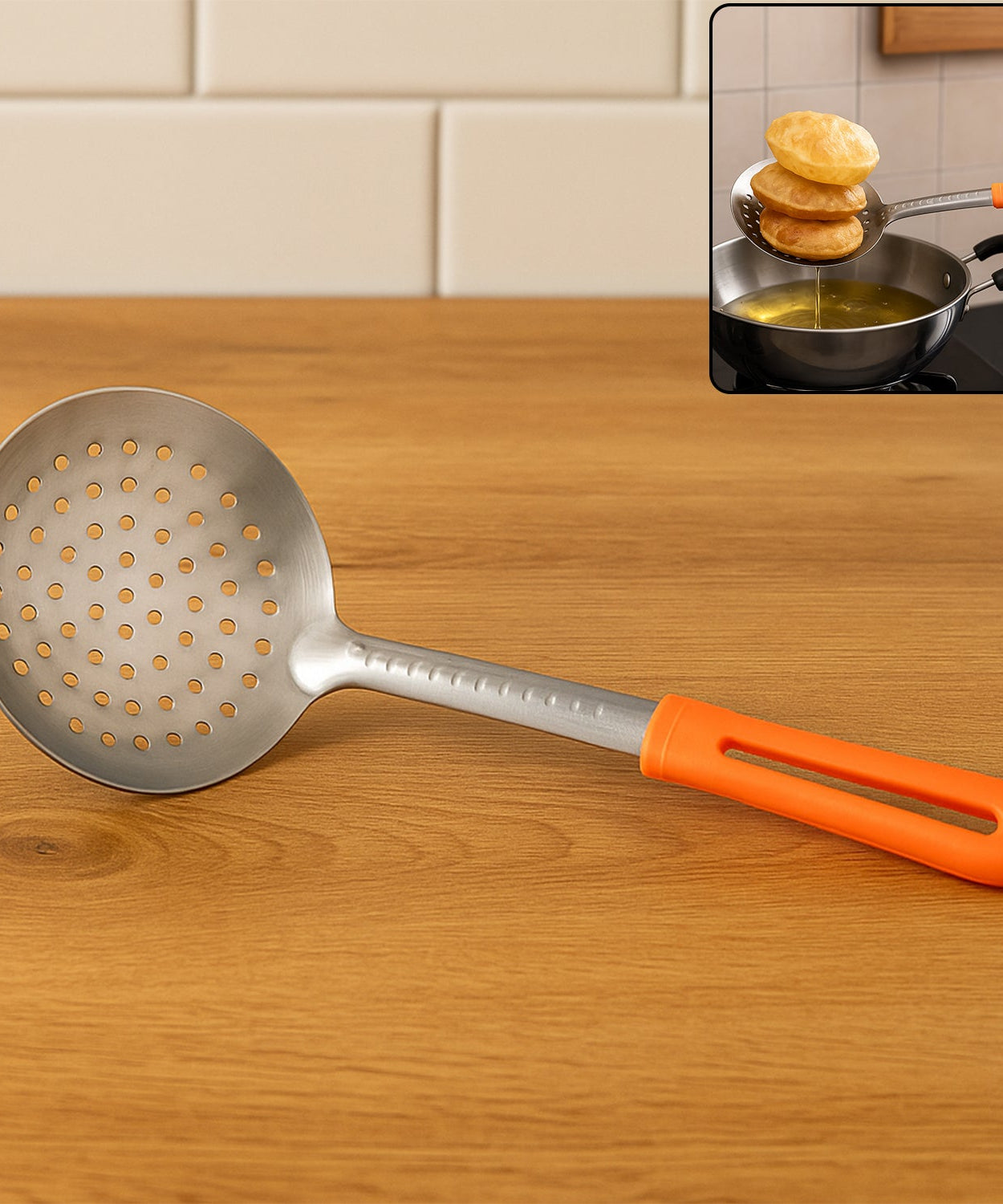 Colander Spoon, Non Slip Hand Polished Thickened Hot Pot Spoon for Kitchen for Restaurant, Stainless Steel Cooking Colander Skimmer Slotted Spoon Kitchen Strainer Ladle with Long Handle for Kitchen Cooking Baking (35 Cm)