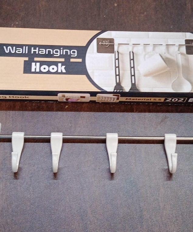 Stainless Steel Utensil Hanger Rail Nail Free Wall Mount with 2 Magic Stickers & 6 Plastic Hooks For Kitchen