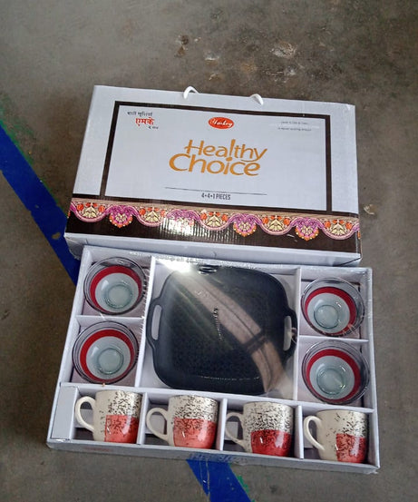 Healthy Choice Set Of 4pc Ceramic Cup And 4pc Glass Bowl With Plastic Plate (9 Pcs Set)