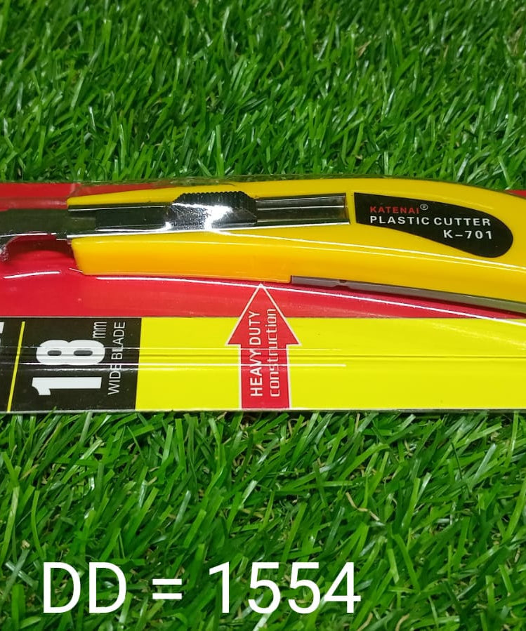 Detailed view of a hook knife blade for cutting plastic sheets.