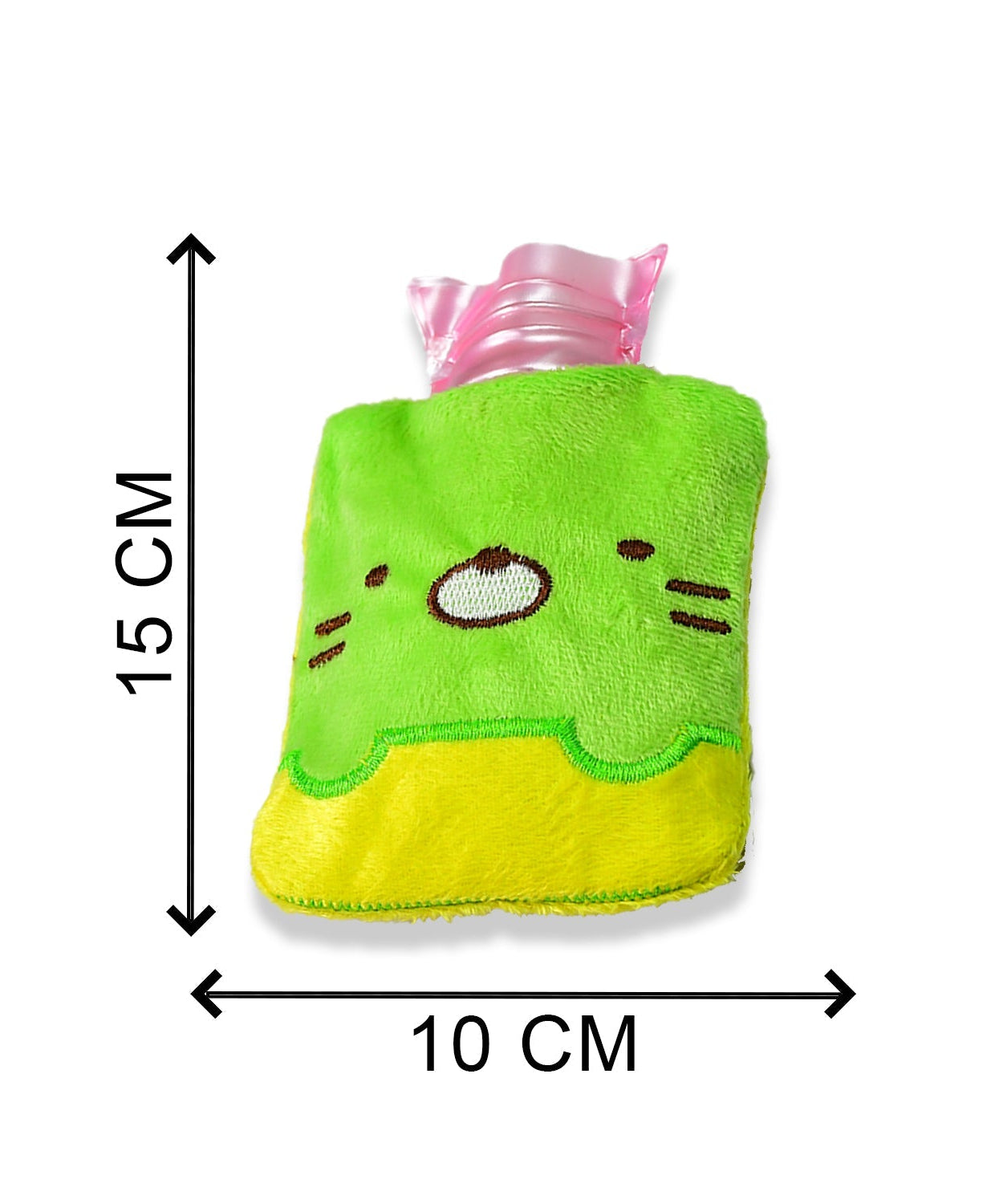 Small hot water bag with green Kitty design for various pains