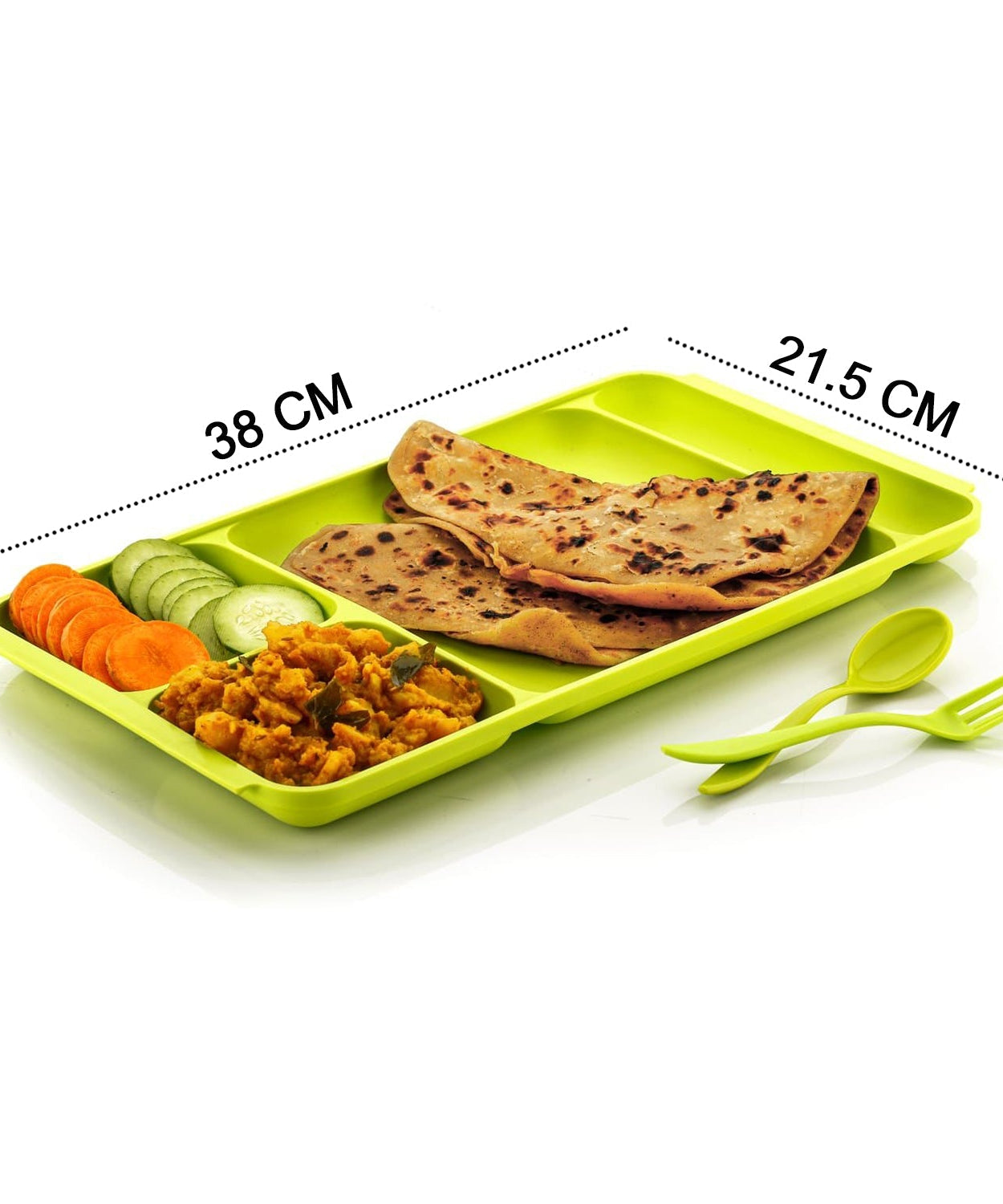 Plastic dinner plate with 4 compartments, spoon, and fork included