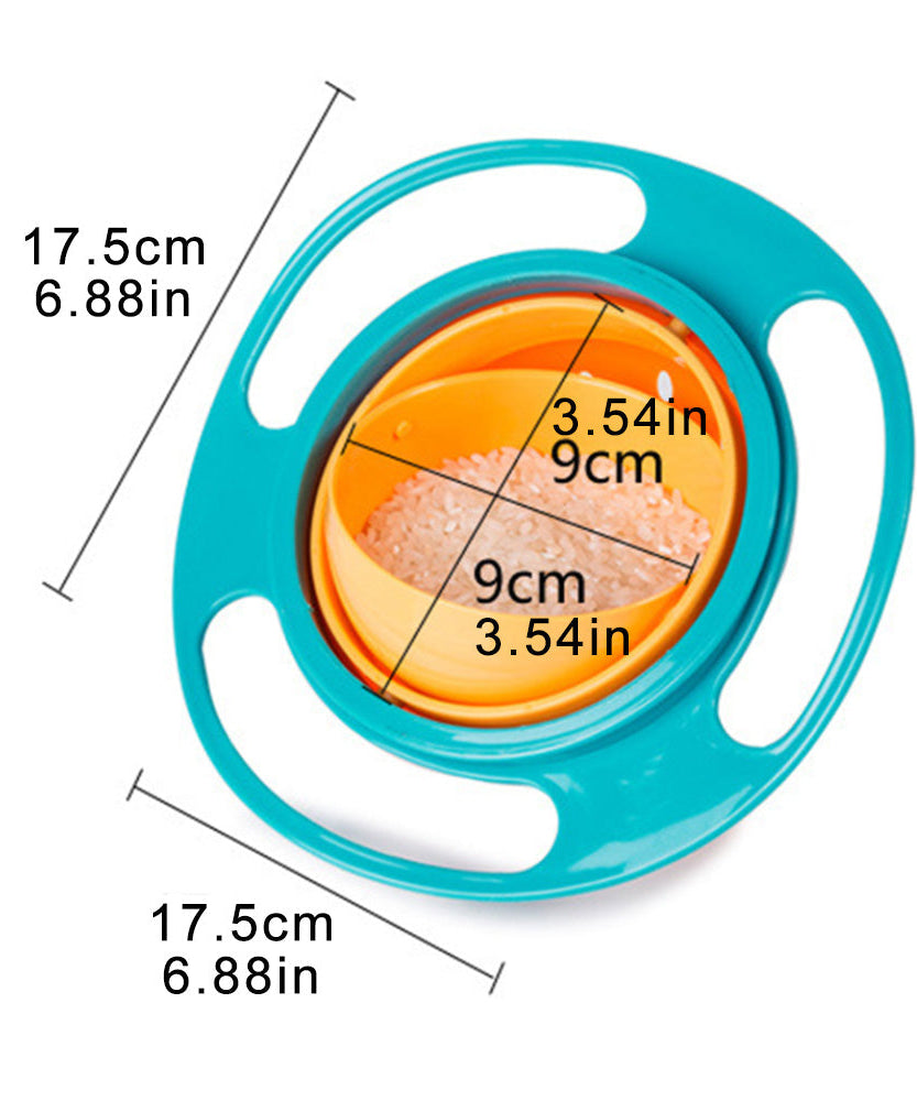 Portable toddler feeding bowl with gyro design, non-spill and rotating for easy use.