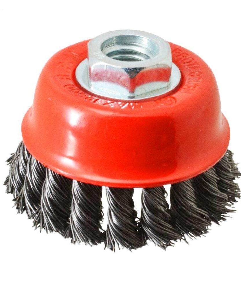 Black wire wheel cup brush for heavy-duty cleaning.