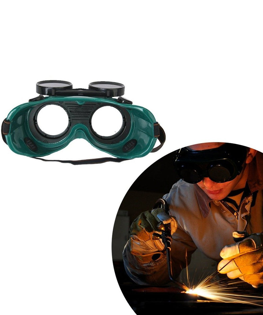 Durable dark green welding goggles, large fit.