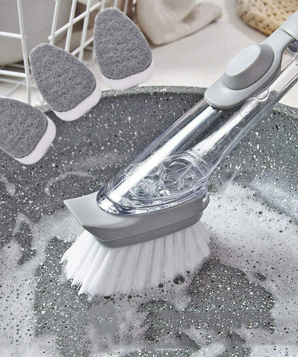 Dish scrubber with soap dispenser, includes 3 refill heads