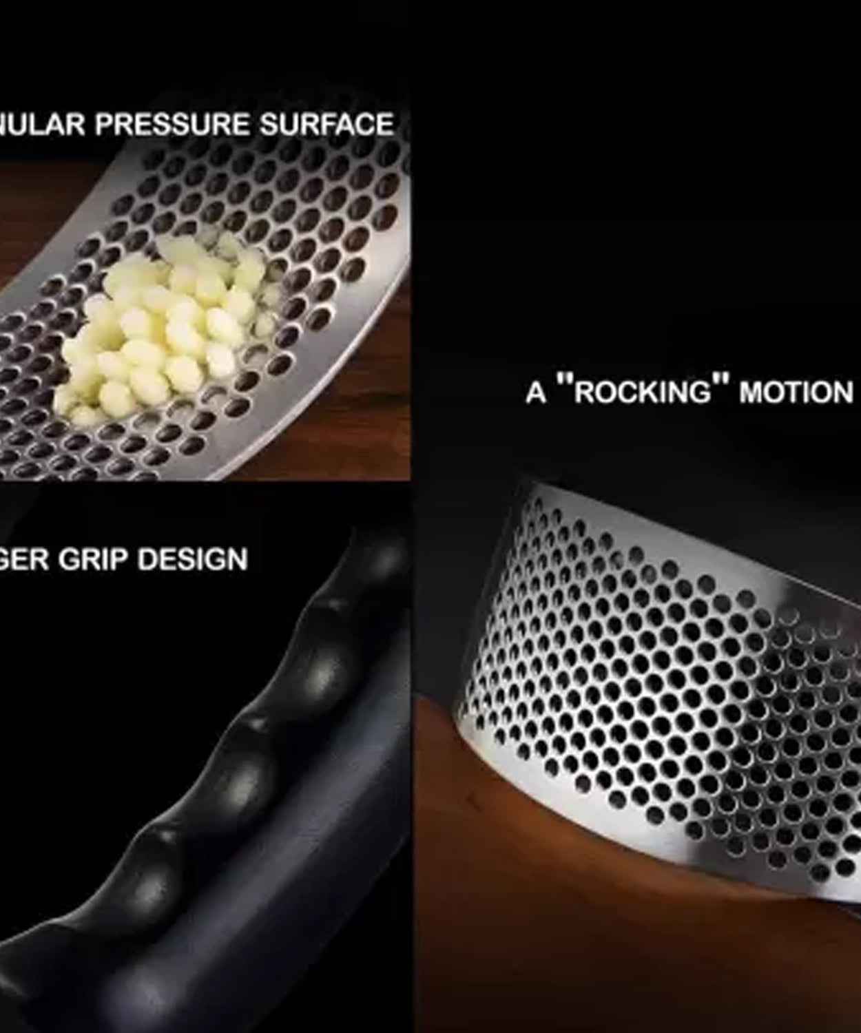 Ergonomic stainless steel garlic presser for kitchen use.