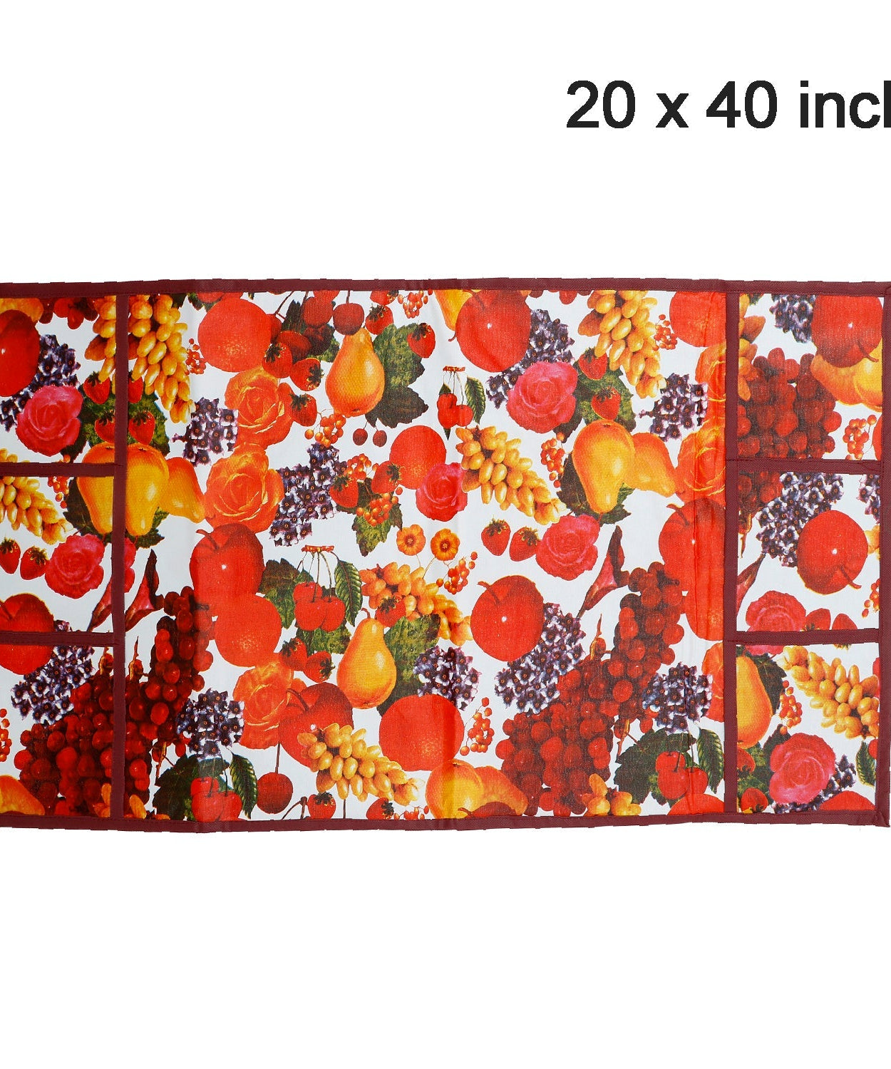 Fridge top cover with a decorative fruit design in white and maroon.