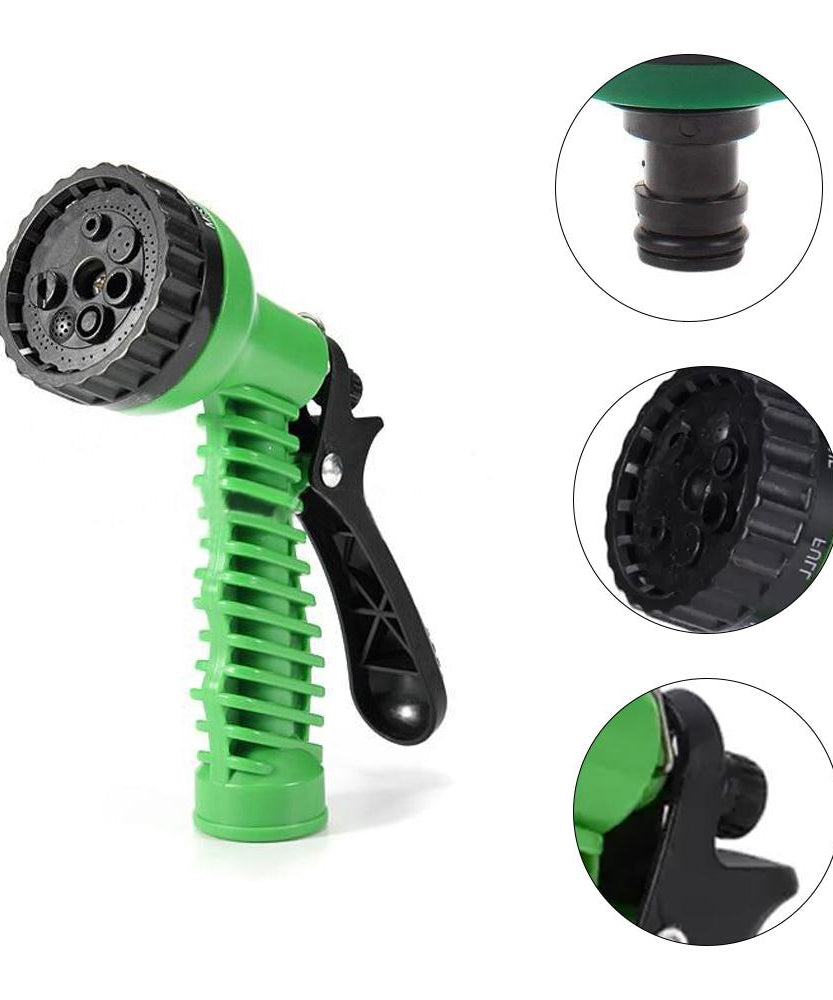 Plastic garden hose nozzle with spray options.