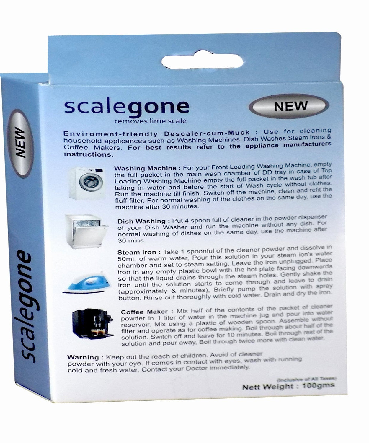 100 gm washing machine scalegon powder, removes scale and grime.