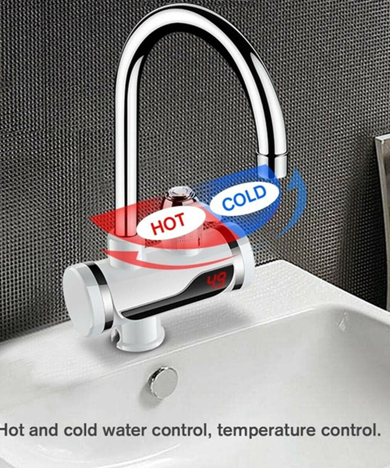 Stainless steel electric water heater faucet with LED display.