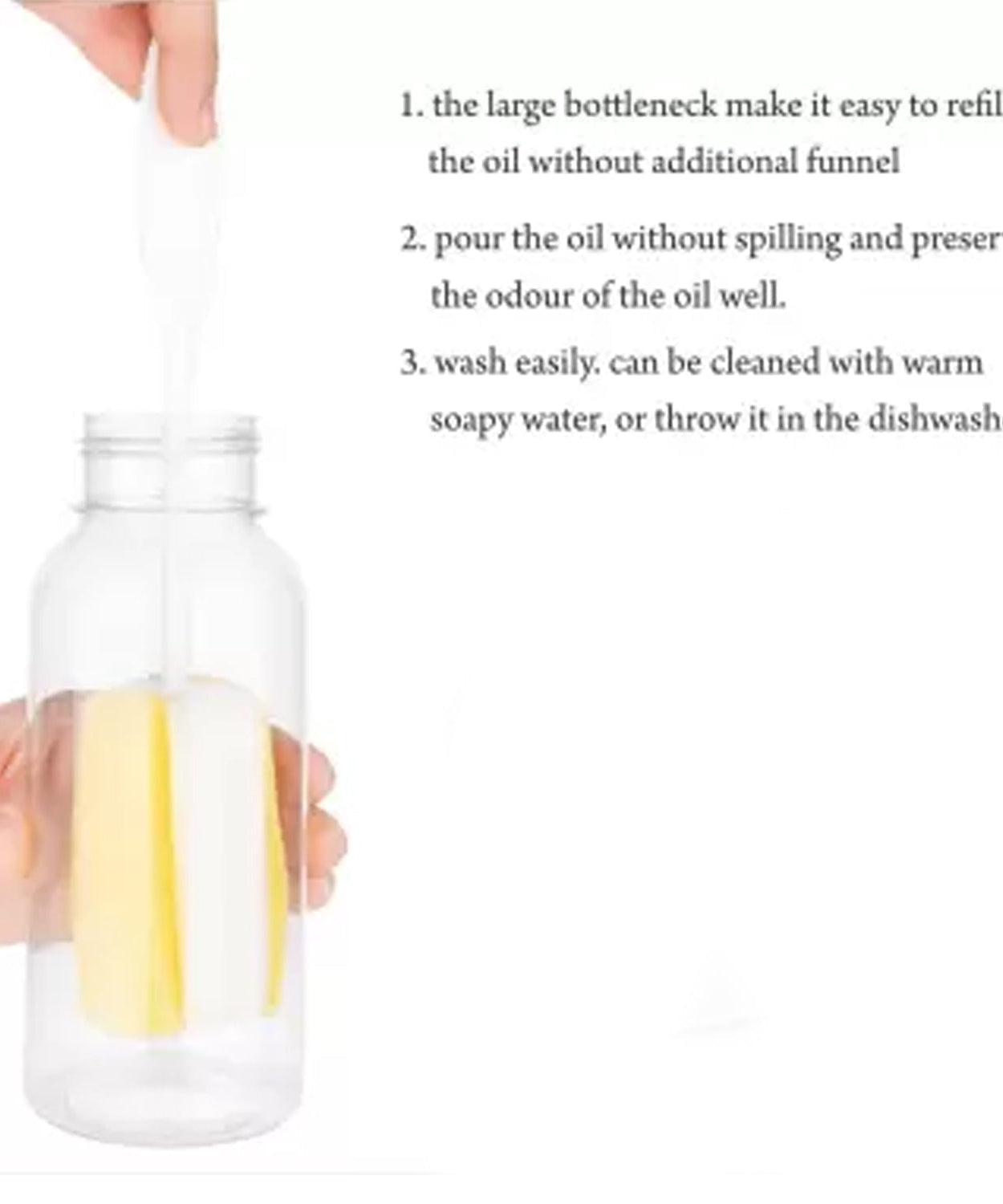 Drip-free spout on a plastic oil dispenser with a clear body for easy viewing.
