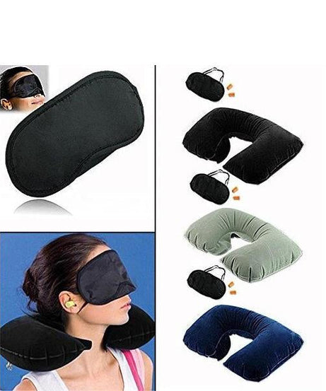 Kit with pillow, ear buds, and eye mask for travel.