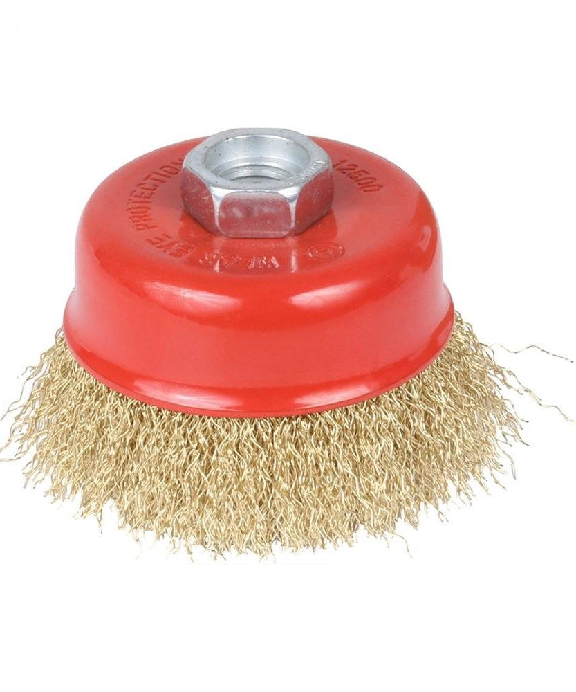Gold wire wheel cup brush for heavy cleaning.