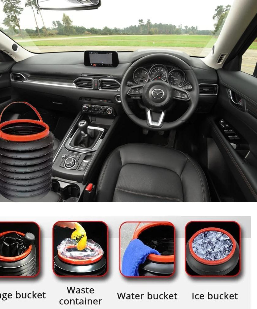 Foldable trash can for car with multiple compartments.