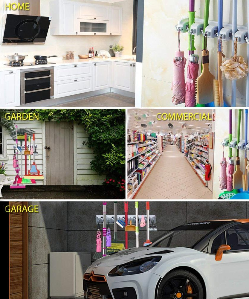 Wall-mounted organizer for mops and brooms.