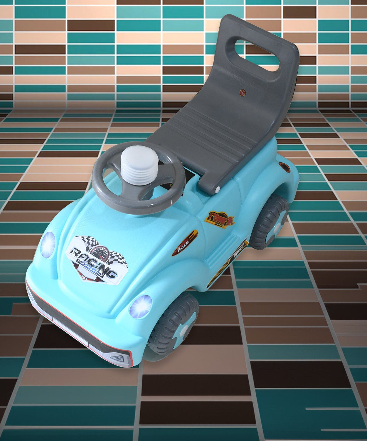 Musical ride-on car with backrest for kids