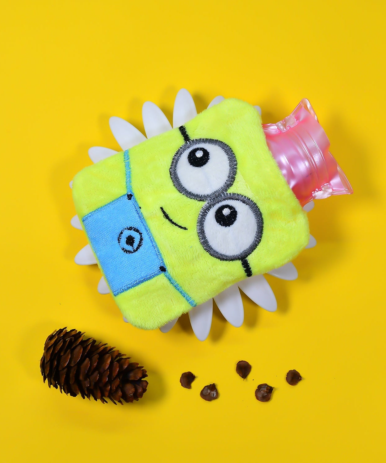 Minions-themed hot water bag with soft cover for comfort and pain relief