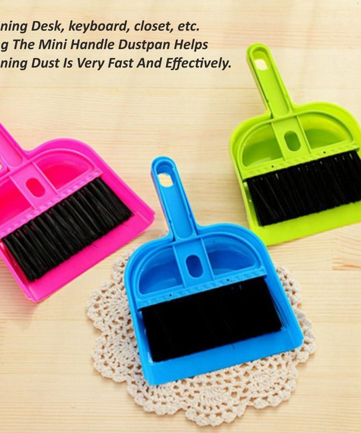 Compact cleaning set with plastic dustpan and brush.