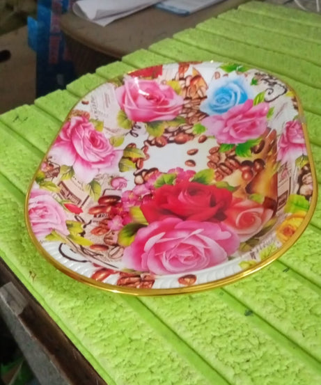 Big Plastic Flower Printed Design Serving Tray (1 Pc / 35 x 24 CM / Mix Color)