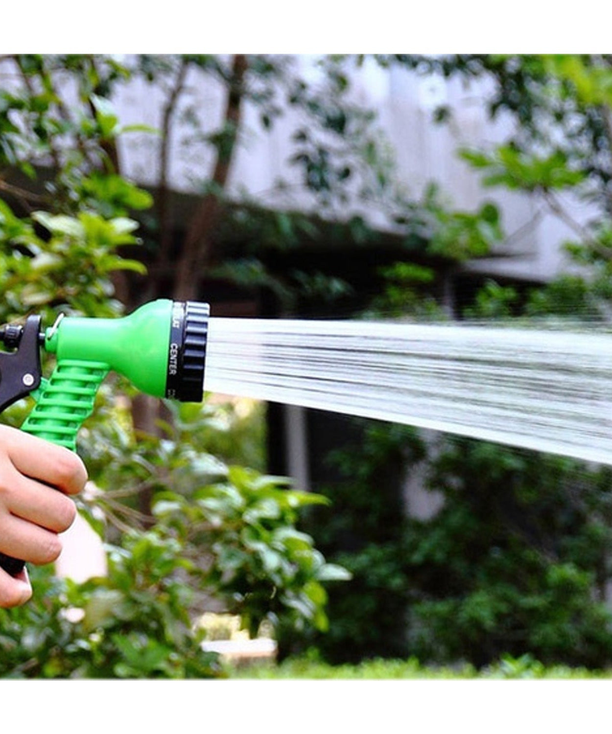 Garden hose nozzle with connector and tap adapter.