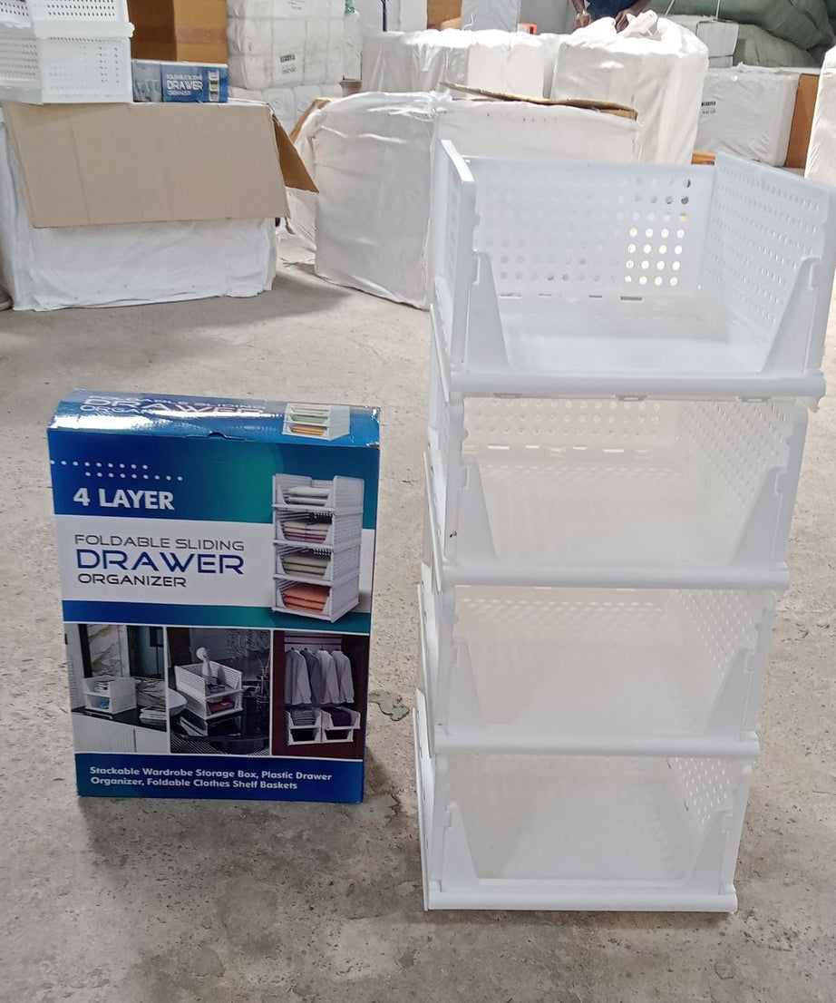 Stackable and foldable plastic drawer organizer with four layers for multi-purpose use.