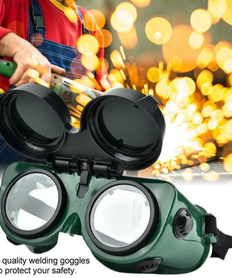 Protective welding goggles in dark green, large size.