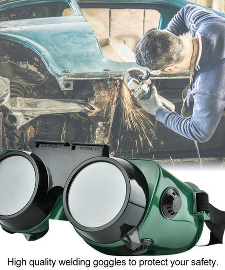 Comfortable large welding goggles in dark green.