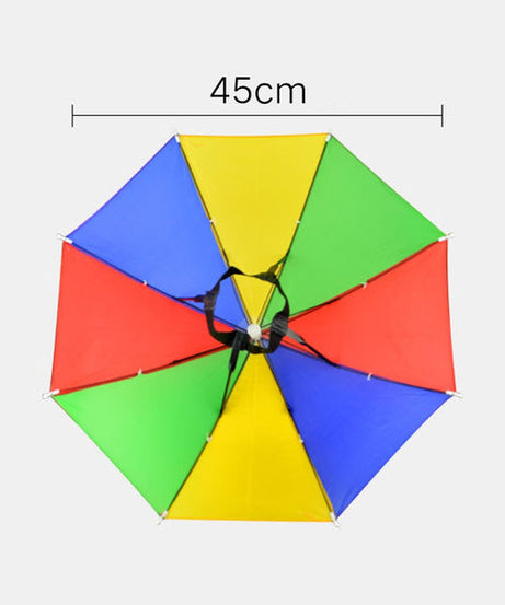 Hands-free umbrella hat, shields from sun and rain.