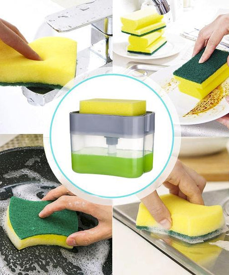 Countertop soap dispenser with integrated sponge space.