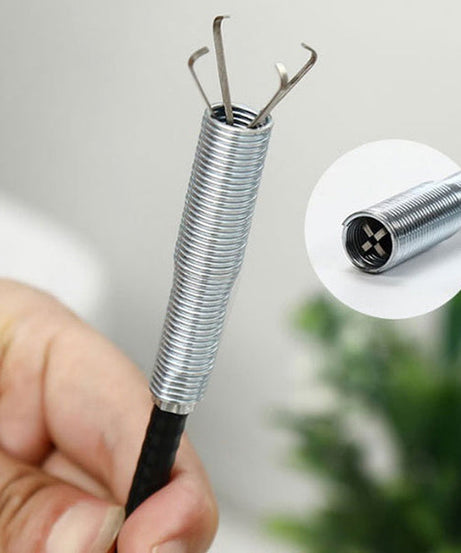 Cleaning tool with flexible spring mechanism for clearing hair and debris from drains.