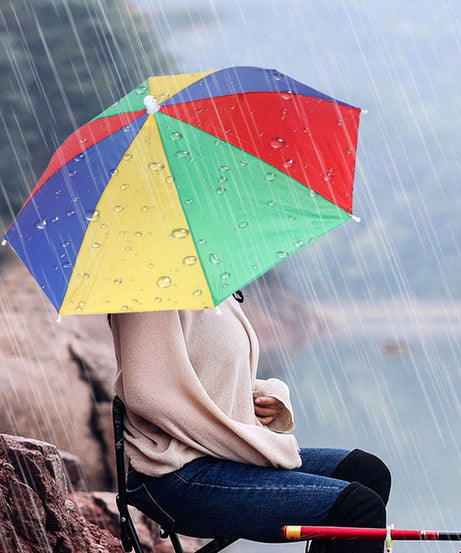 Hands free umbrella hat for sun and rain protection.