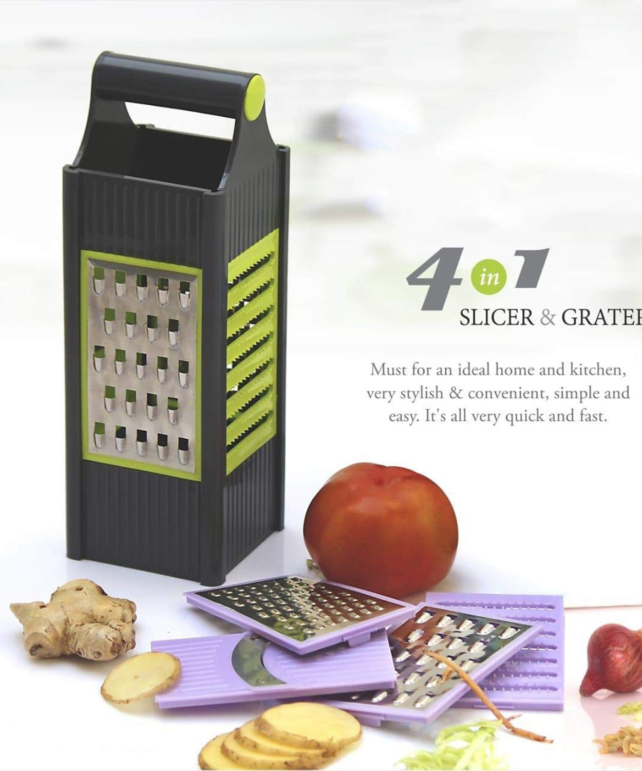 Practical plastic grater with four blade options for easy slicing and grating