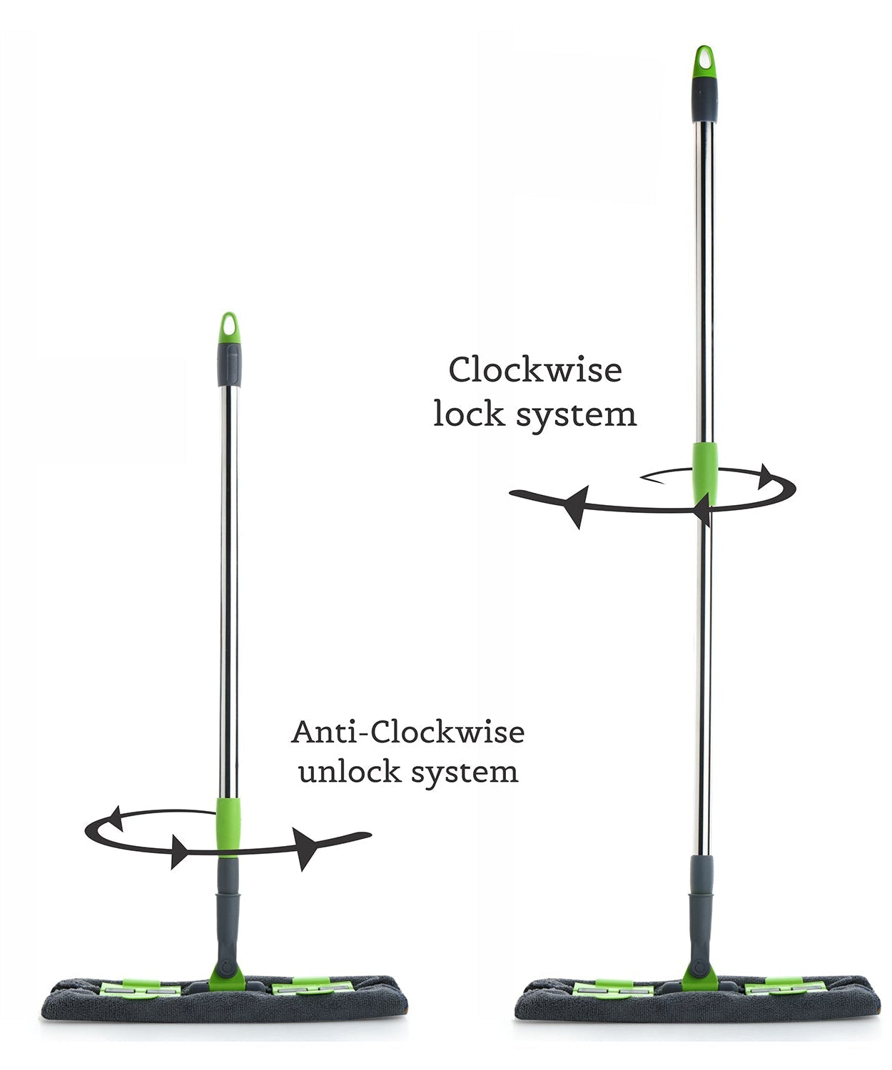 Multi-color microfiber flat mop with rotating head, telescopic handle, for wet and dry cleaning.