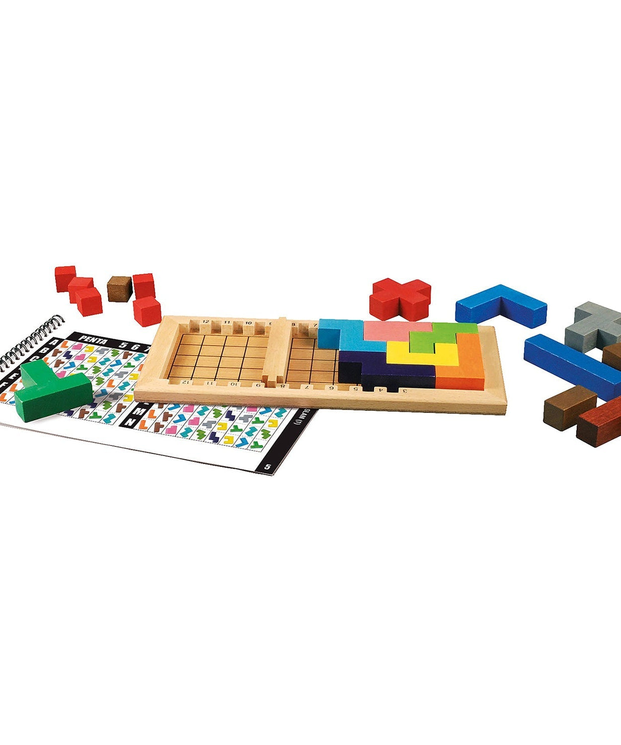 Wooden mind game with vibrant colors and pieces for interactive learning.