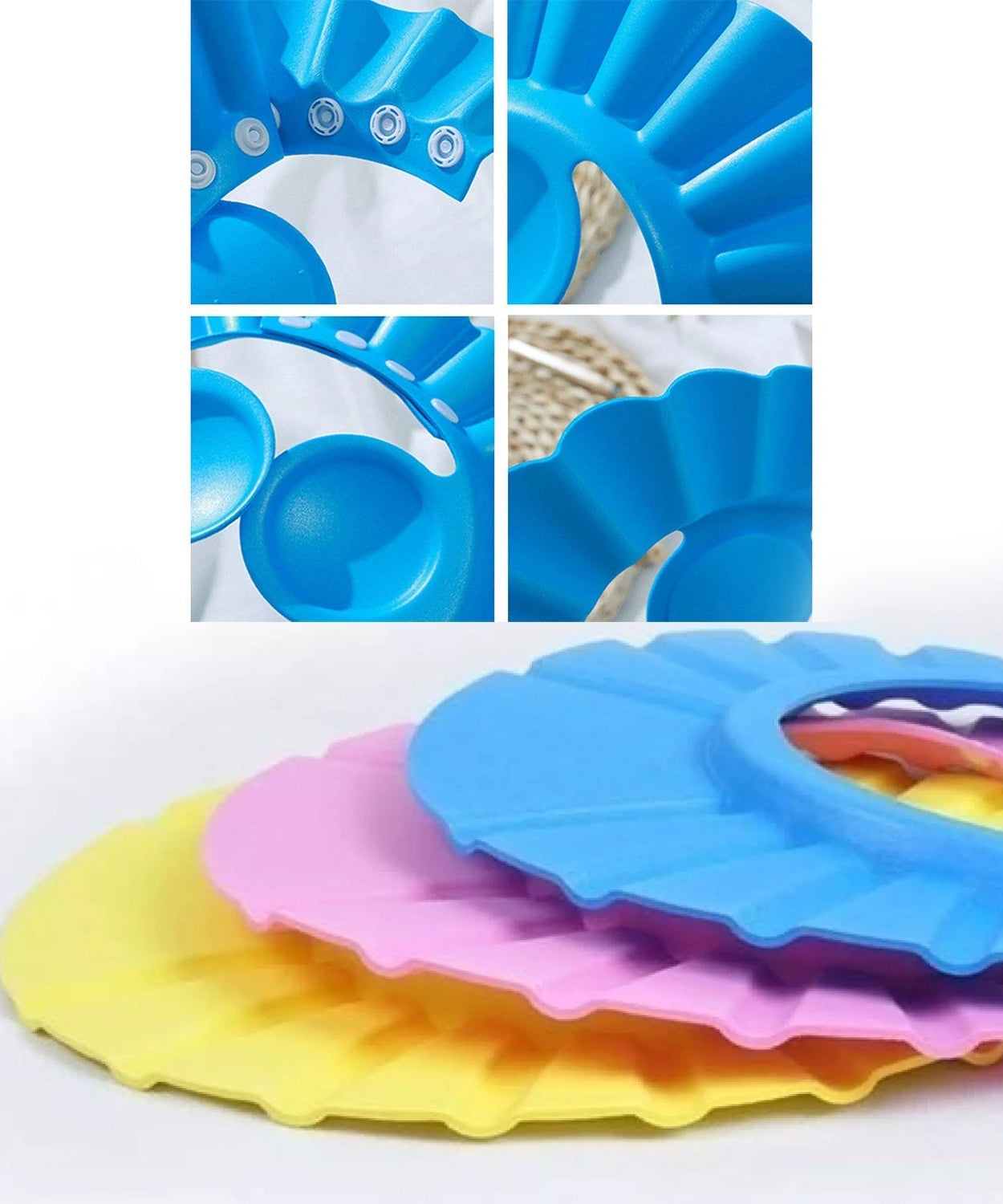 Baby shower cap designed for safe and comfortable bathing.