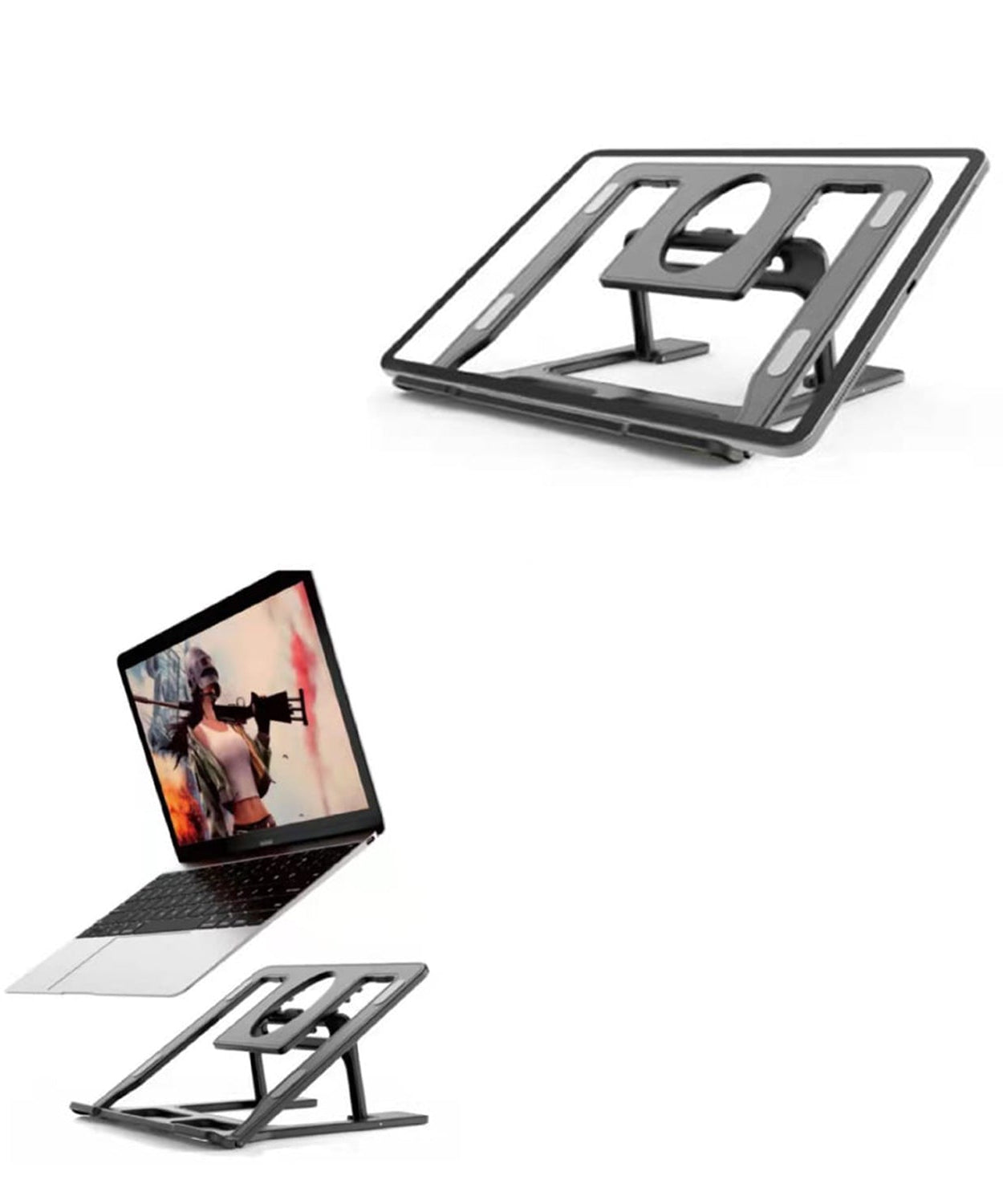 Portable laptop stand with adjustable height and foldable design for convenient use and storage