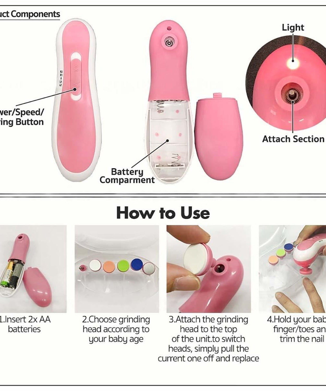 Baby nail trimmer with multiple grinding heads