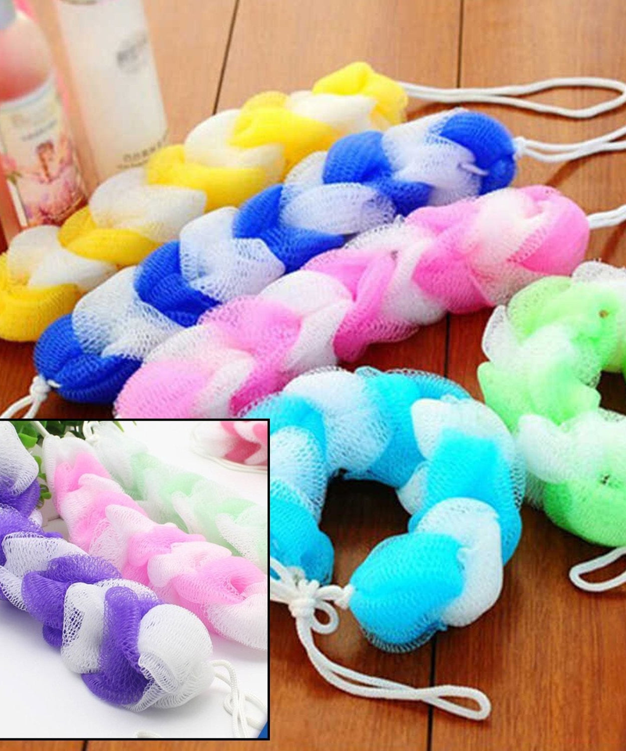 Pack of 6 hanging body scrubbers, ideal for a refreshing shower experience.