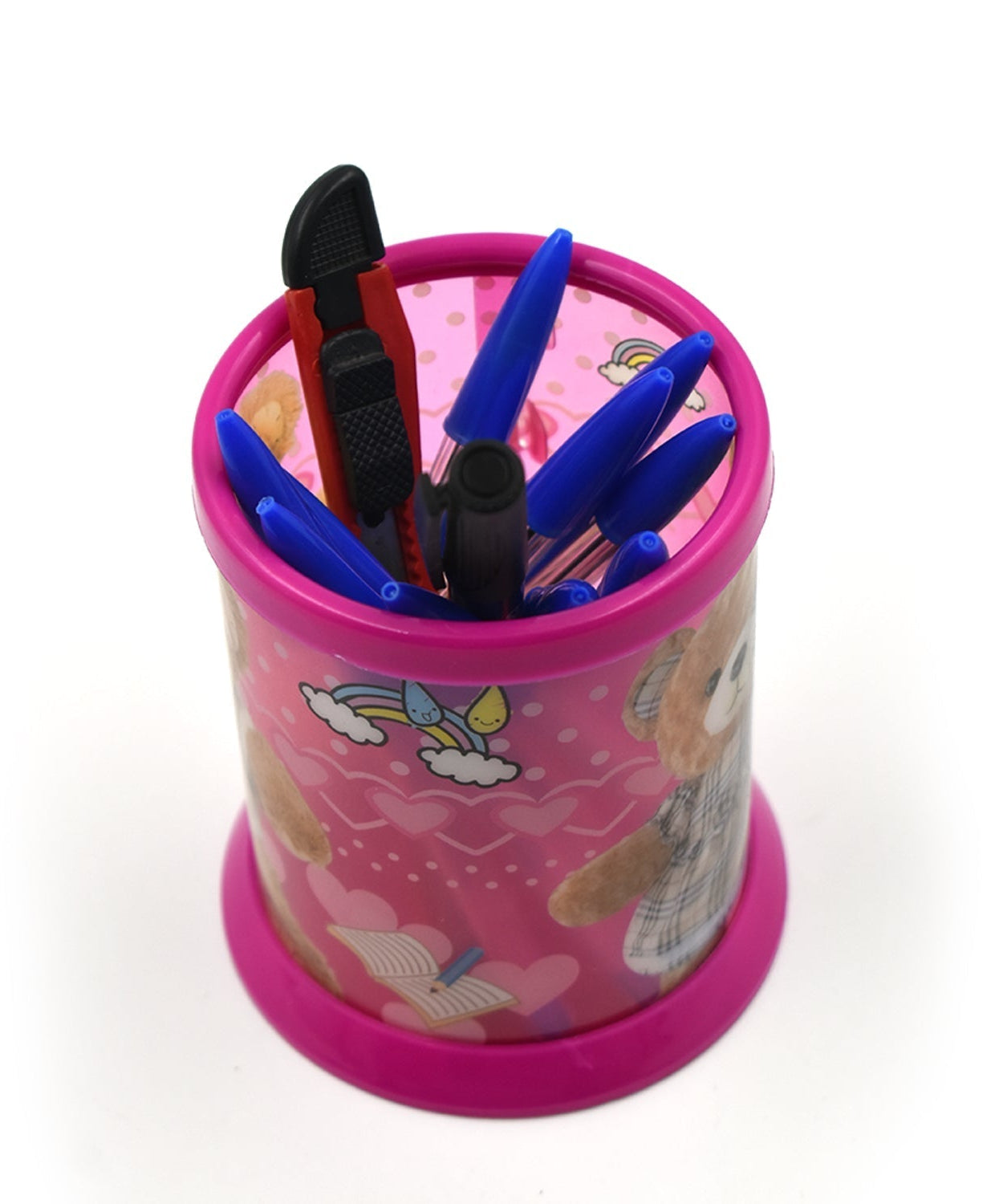 Detailed view of stick ballpoint pens and the included DIY stand.