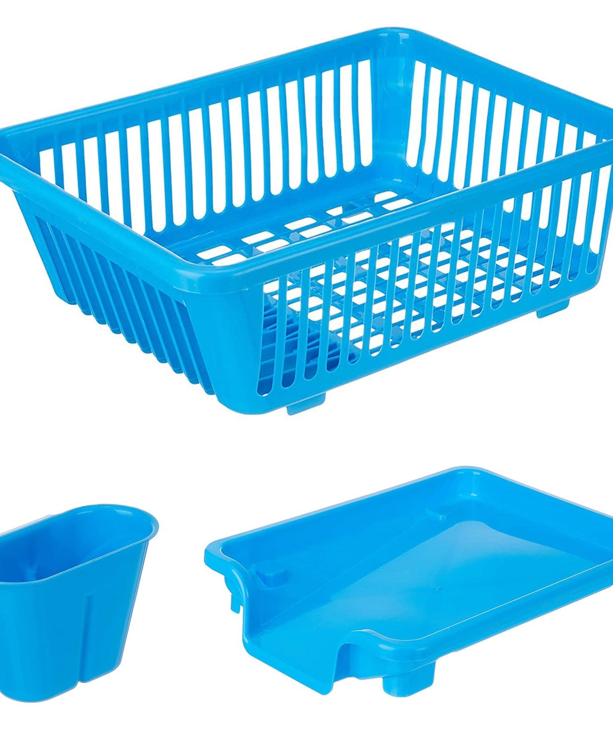 Plastic dish drainer rack with a brown box for organizing and drying dishes