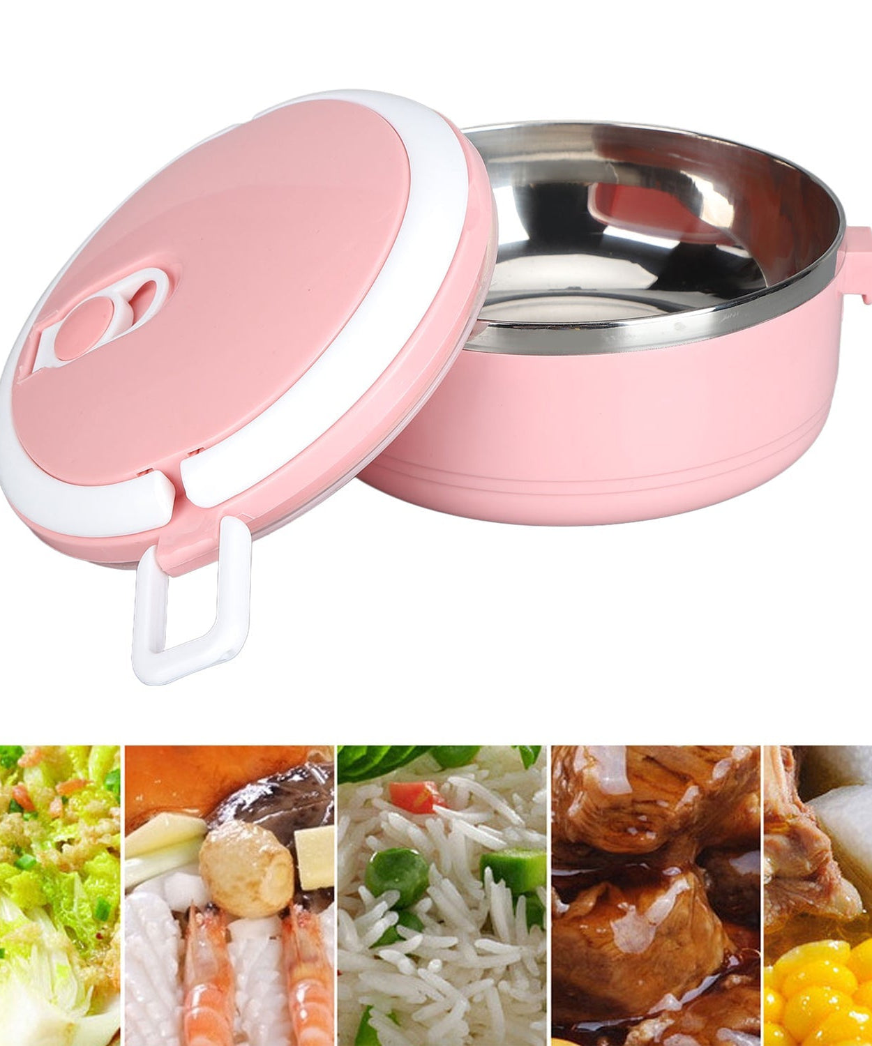 Single layer hot lunch box made of stainless steel.