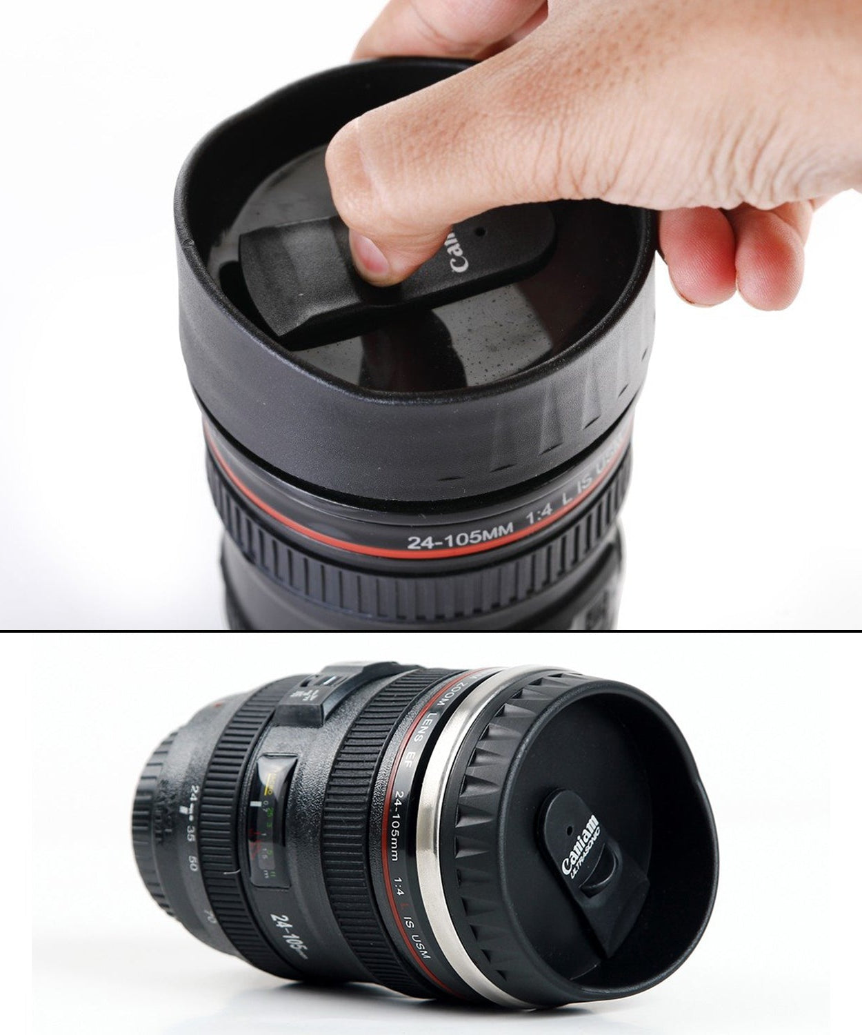 Stainless steel coffee mug with a plastic camera lens appearance, displaying the detailed design